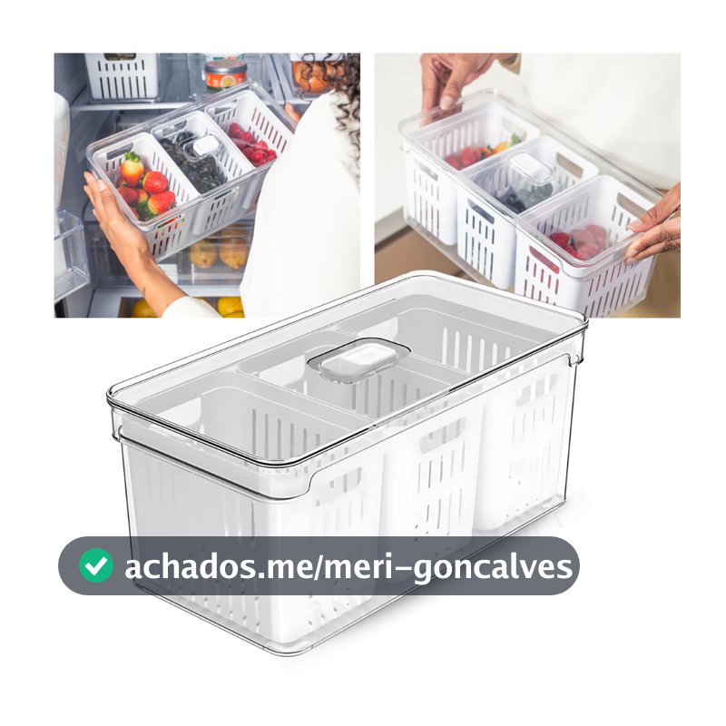 Organizador de Geladeira 5L com 3 Cestos Ou Natural Tampa Porta Frutas Legumes Vegetais Clear Fresh