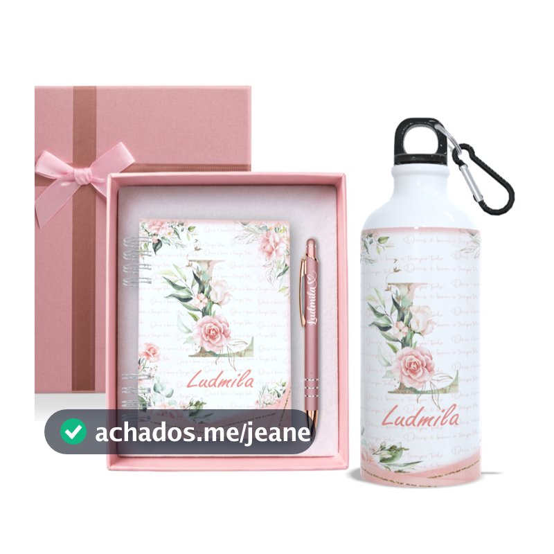 Kit Presente Caderneta Personalizada + Caneta com Nome - Garrafa - Caixa - Agenda - Presente Brinde