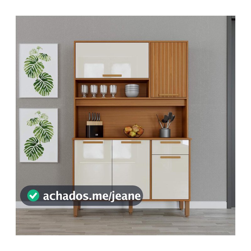 Armário De Cozinha Compacta Fidelitá Grécia 120cm 5 Portas 1 Gaveta Com Tampo e Fundo Freijó/Off-White