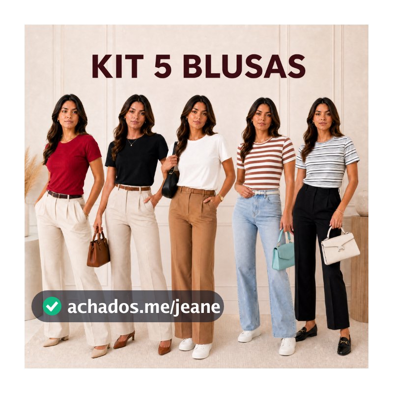 Kit 5 Blusas Femininas  Ribana Canelado Manga Curta Básica Casual Lisa Gola Redonda Confortável Moda