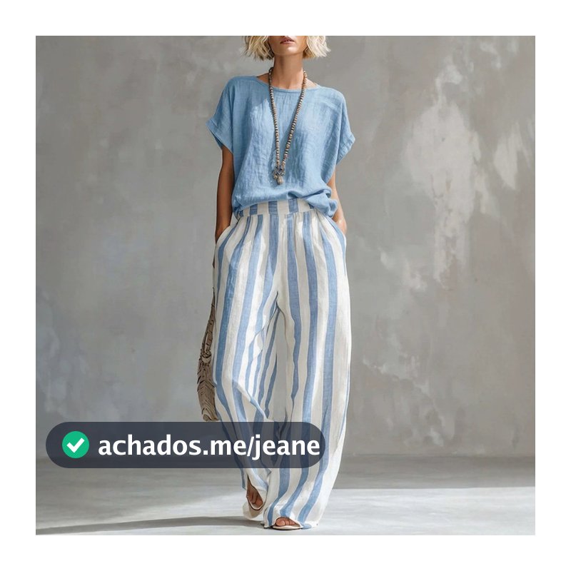 Top Com Gola Redonda Listrada Reta Calça Casual Terno Feminino