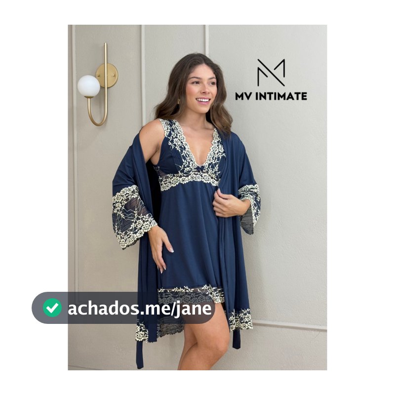 Kit Robe e Camisola Curto Luxo em Microfibra Light com Renda Bicolor