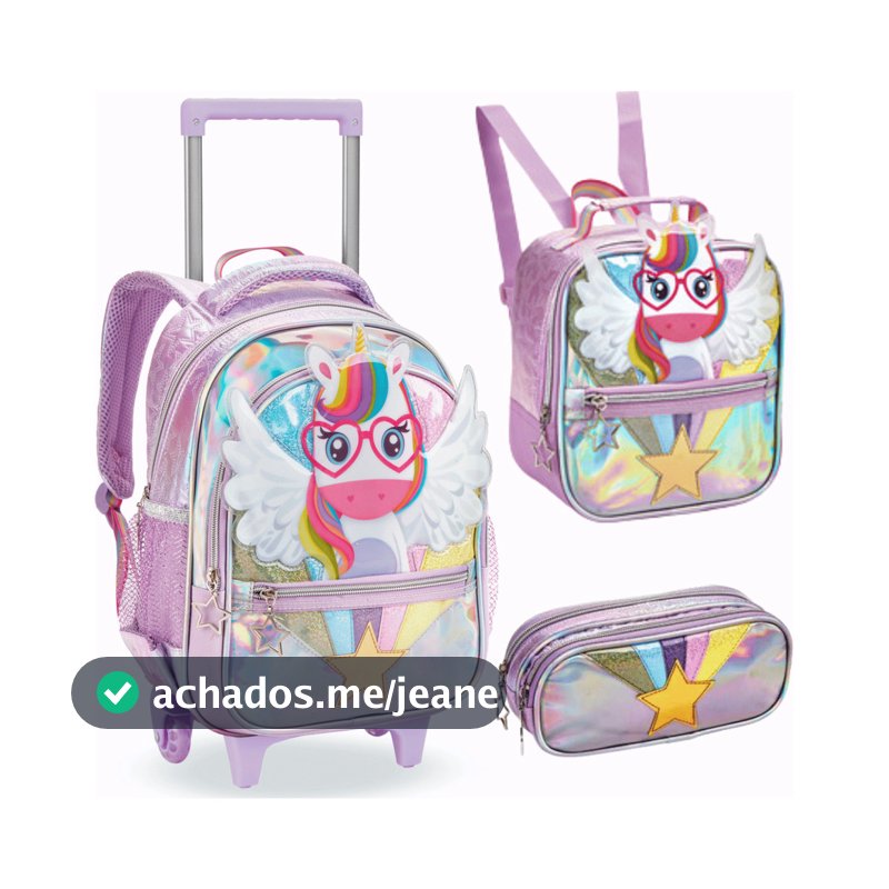 Kit Mochila Escolar Infantil Menina Rodinha Unicórnio Lancheira Estojo Com Alça