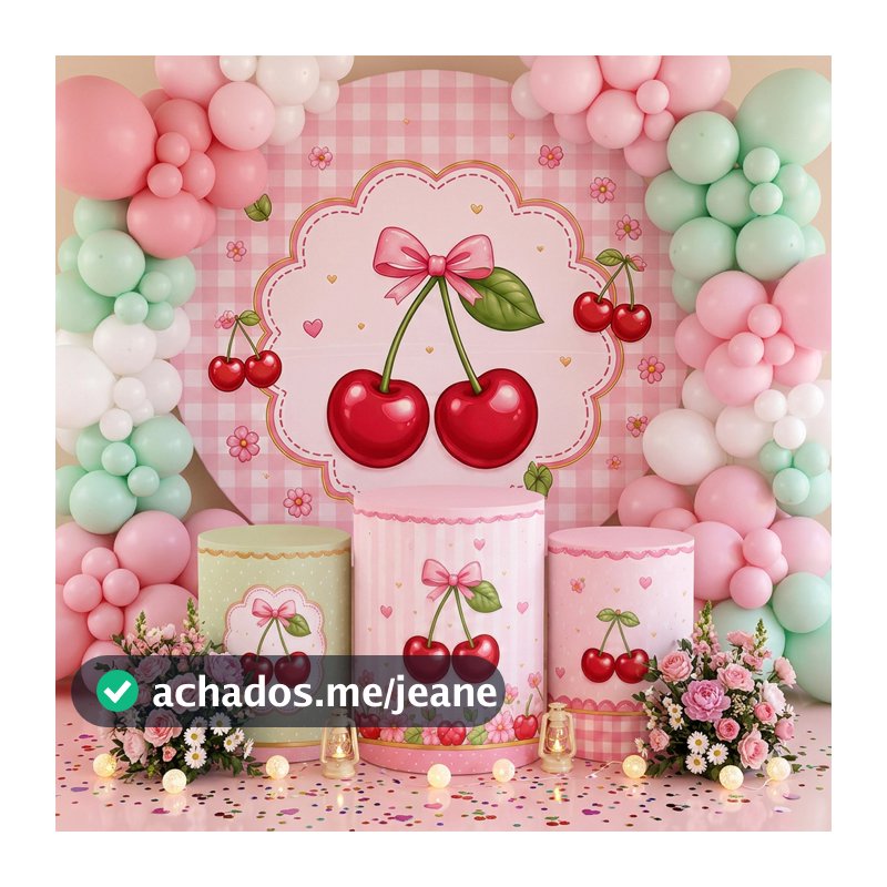 Kit Painel De Decoração + Três Capas Para Cilindro Frutas Vermelhas Cereja Cherry