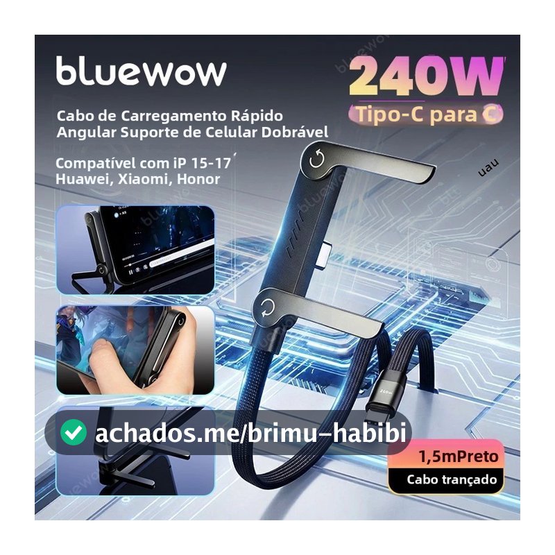240W1.5m 90°Cabo de dados de canto, adequado para jogos, sobrecarga curvada e Design dobrável para celular