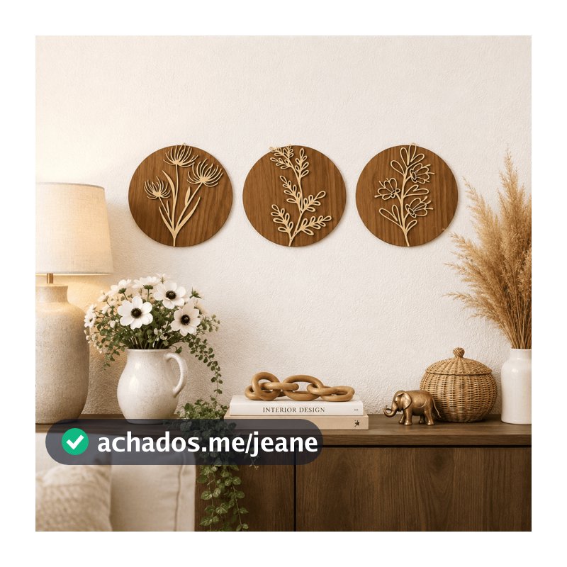 Quadros florais trio redondo em MDF em cores variadas - sala, quarto, lavabo, varanda