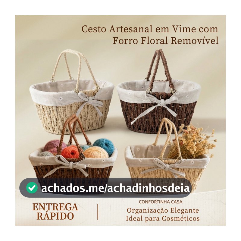 Cesto Organizador em Vime com Alça Forro Floral Removível Decorativo