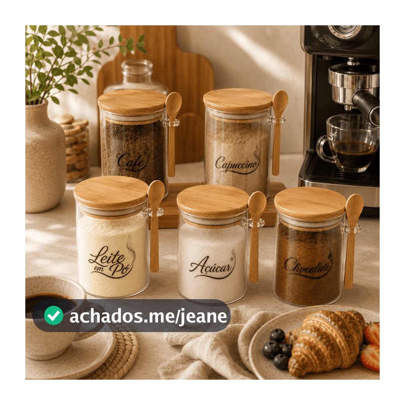 KITS POTES HERMETICOS VIDRO 450ML COLHER BAMBU | LEITE EM PÓ, AÇUCAR, CHOCOLATE, CAPUCCINO, CAFÉ