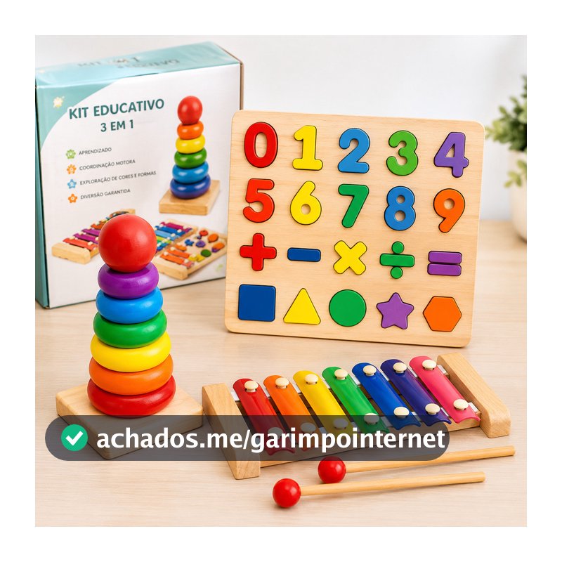 Kit 3 Brinquedo Educativo Montessori Madeira Torre Encaixe Xilofone Formas Geométricas