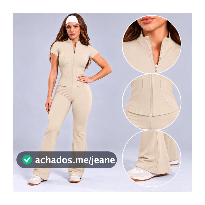 Conjunto Feminino Fitness Blusa Manga Curta com Zíper e Calça Flare Cintura Alta Poliamida Premium