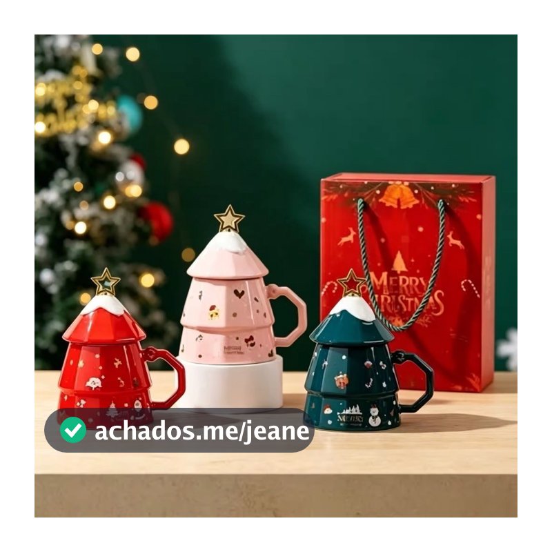 CANECA DE NATAL EM CERÂMICA 300 ML COM TAMPA ÁRVORE DE NATAL 3 CORES XÍCARA NATALINA PRESENTE