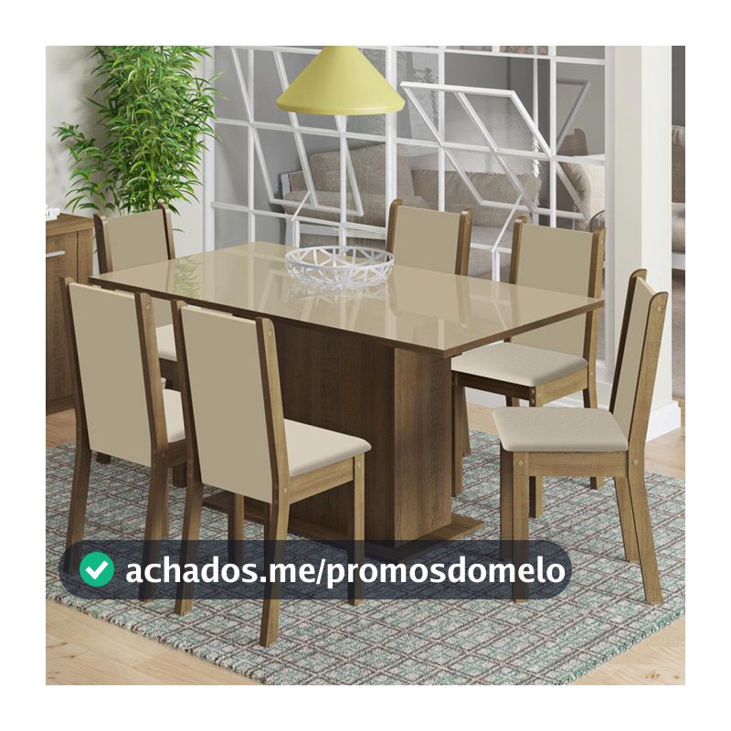 Conjunto Sala de Jantar Madesa Moscou Plus Mesa Tampo de Vidro com 6 Cadeiras - Rustic/Crema/Pérola