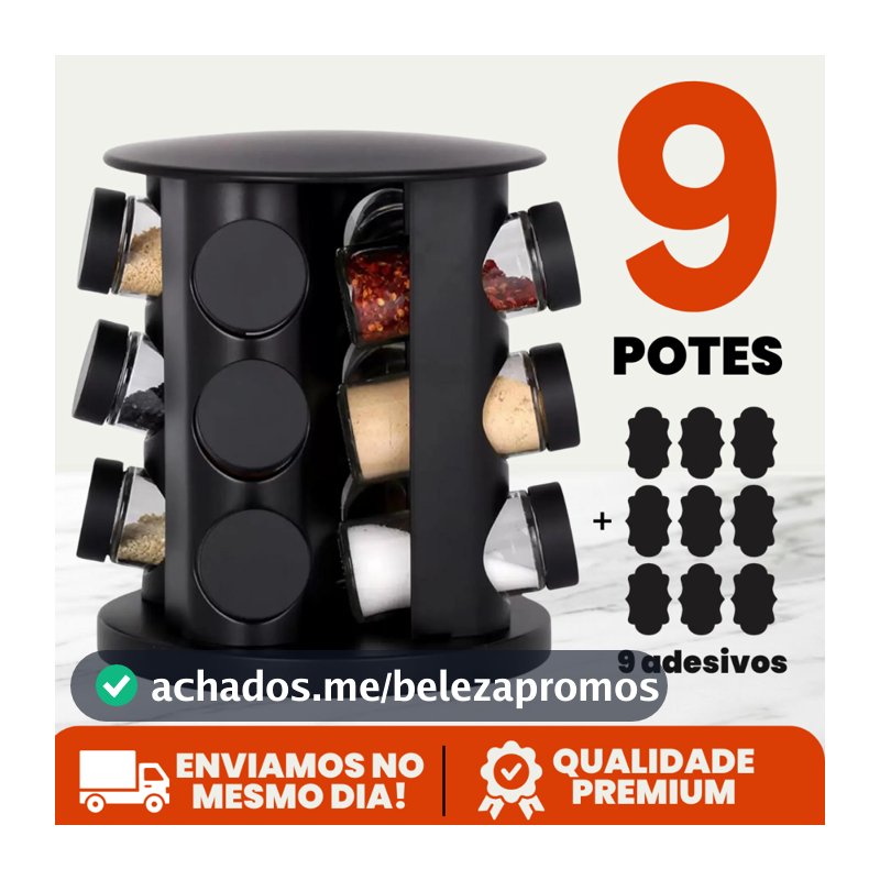 Porta Tempero Condimento Girátorio 9 Potes Cozinha Preto 360 Graus Organizador Dosador Profissional