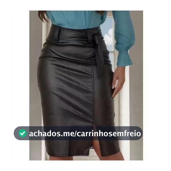 SAIA RETA MIDI DE COURINO COM FENDA LATERAL, ACOMPANHA CINTO SEM FIVELA.