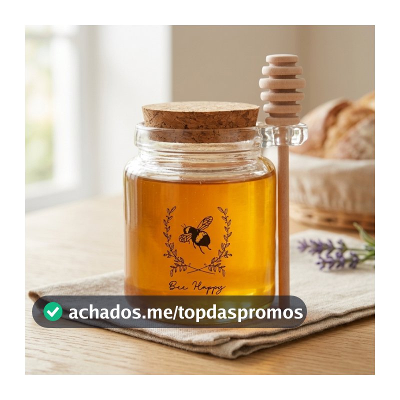 Meleira Vidro 230ml com Colher Pega Mel Tampa Rolha Porta Mel Mesa Posta Chá Decoração Rústica
