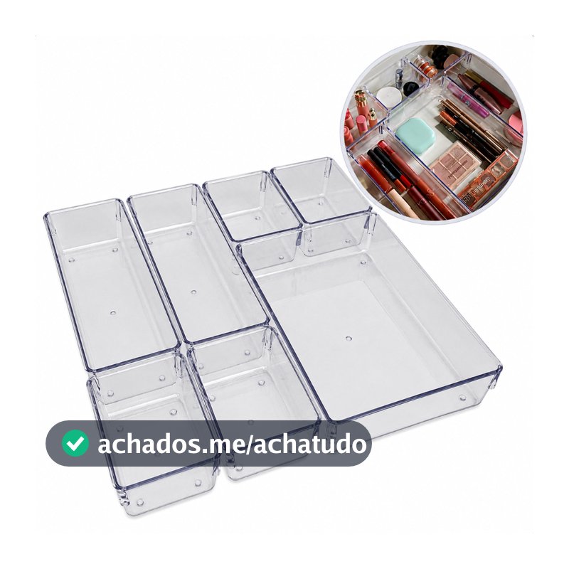 Kit 7 Organizadores Modulares Multiuso para Gavetas, Armários e Geladeira Acrílico - Cristal e Fumê