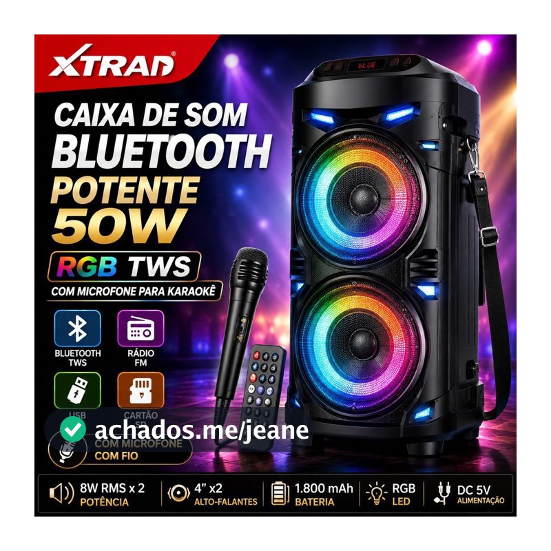 Caixa de Som Bluetooth 50W RGB TWS com Microfone com Fio Karaokê FM USB SD LED XDG-138