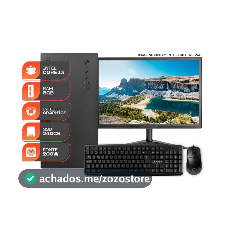 PC Home Essential S, Intel Core i3, 8GB DE RAM, SSD 240GB, Completo com Monitor e Periféricos + Caixa de som