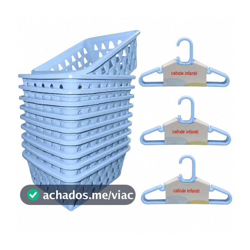 Kit 10 Cabides Infantil Azul + 10 Cestos Infantil Plástico Reforçado Criança Bebê Organizador