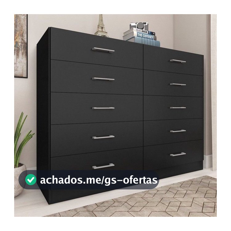 Cômoda para Quarto 10 Gavetas Caribe Preto Preto