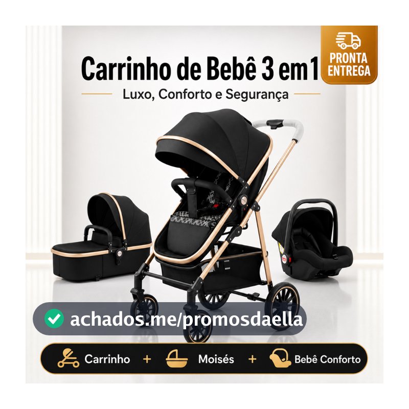 Carrinho De Bebê 3 Em 1 Premium Luxo Moisés + Bebê Conforto Completo Reclinável Rodas Com Amortecedor Kit Enxoval Segura