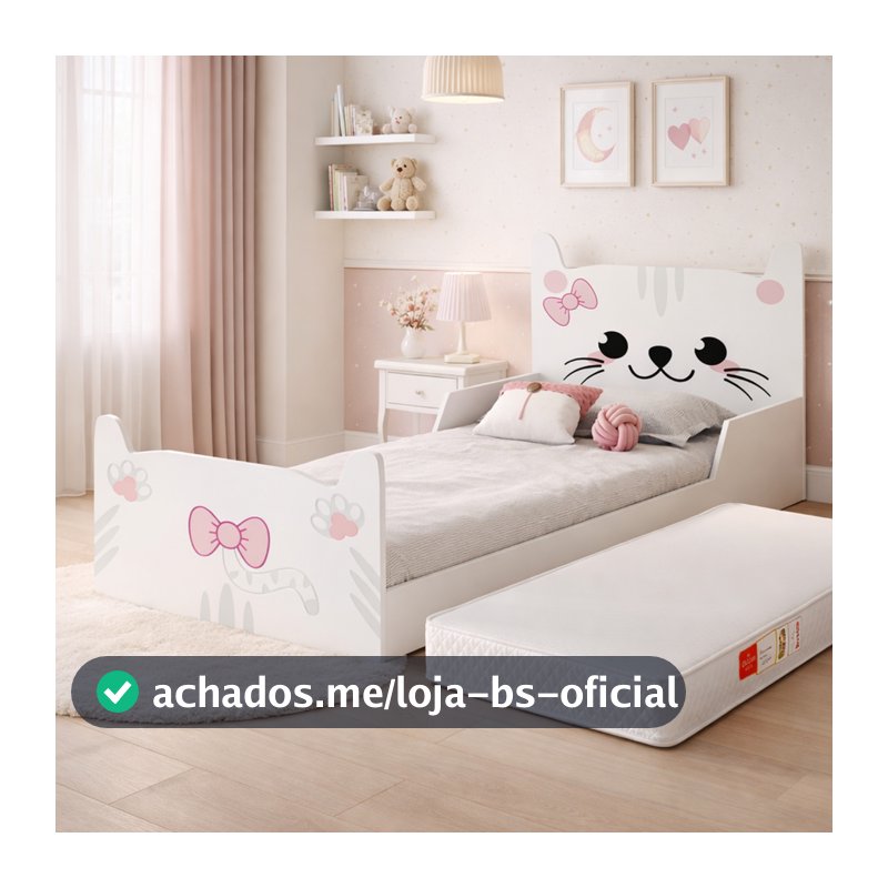 Cama Infantil Gatinho Branco Rosa em MDF Juvenil  para Quarto de Menina montessoriana com colchão
