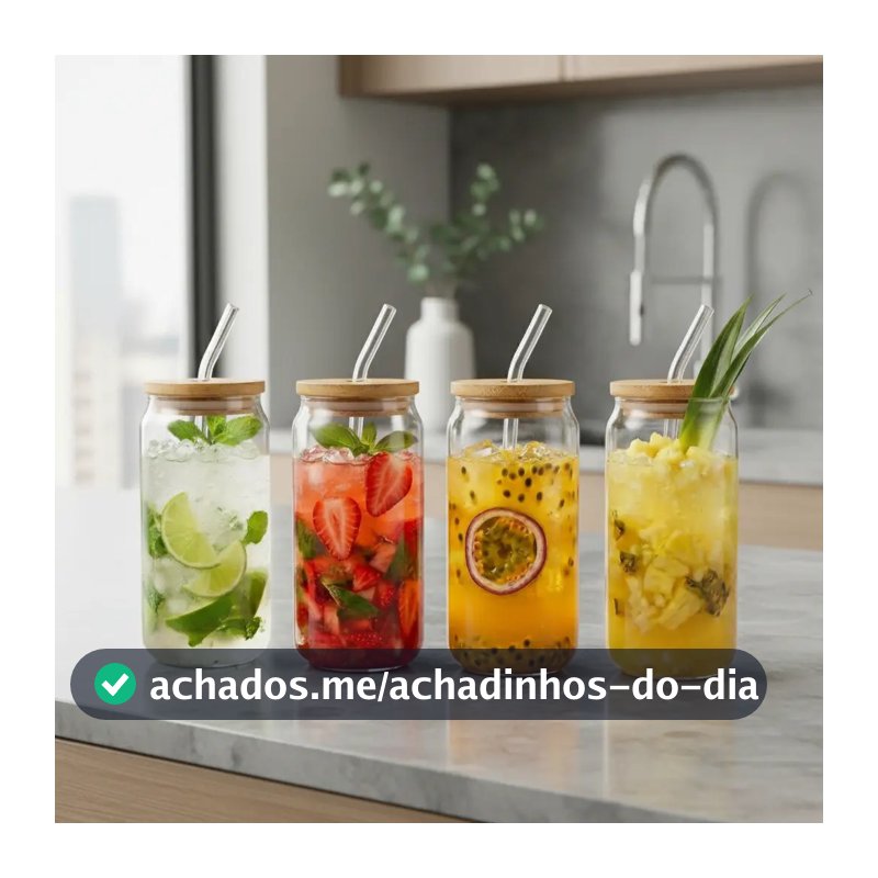 Kit Copos de Vidro com Tampa de Bambu e Canudo de Reutilizável Hermético Suco Café Transparente