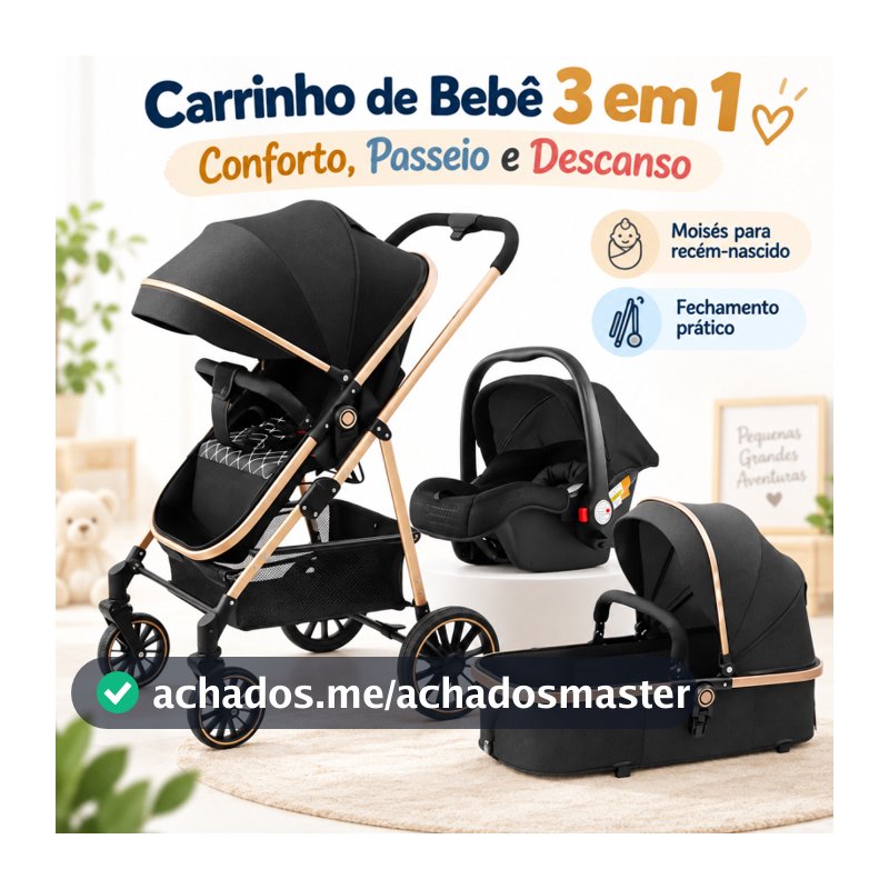 Carrinho de Bebê Luxo 3 em 1 Moisés Bebê Conforto Passeio Reversível com Amortecedor