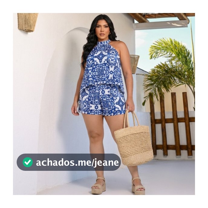 Macaquinho Plus Size Soltinho Short + Blusa Disfarça Barriga Estampado Verão Leve Tendencia Novidade Fashion