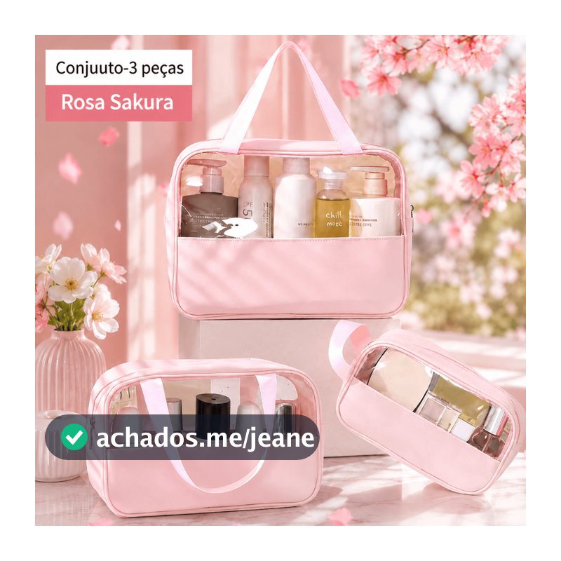 Conjunto de três peças: bolsa de maquiagem transparente e minimalista com costura em patchwork, bolsa de higiene pessoal