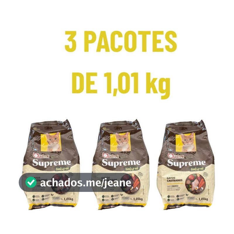 Kit Ração 1kg  2 ou 3 Pacotes Ração Quatree Supreme Gatos Castrados Frango e batata doce