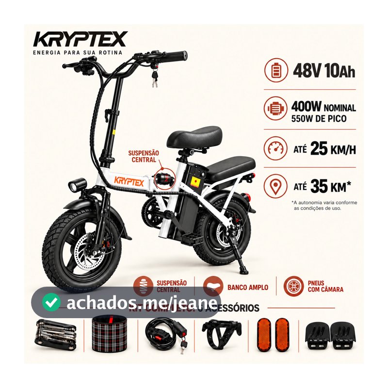 Bicicleta Elétrica Dobrável KRYPTEX 400W 48V Bateria Removível Motor 550W Pico Suspensão Até 35km