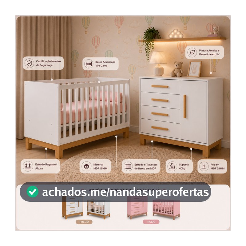 Quarto Bebe Infantil Q Encanto Berço Vira Cama e Comoda Sapateira 1 Porta 4 Gavetas Slim Qmovi