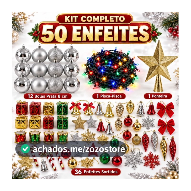 Kit 50 Enfeites Árvore De Natal Bolinhas Pendentes Pisca Pisca Laços Decoração Natalina Papai Noel