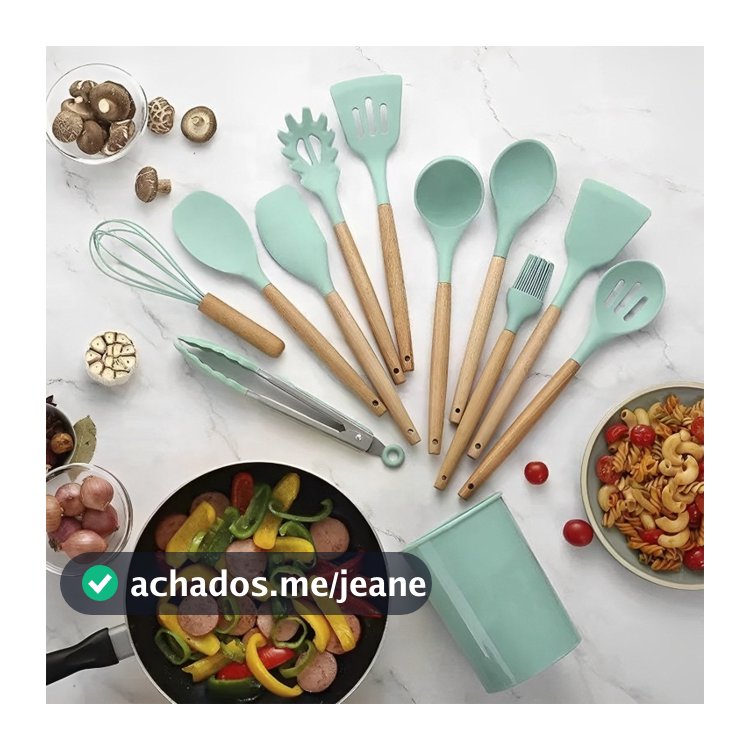 Kit 12 Peças Utensílios de Cozinha em Silicone com Cabo de Madeira e Porta-Utensílios para Panelas Antiaderentes