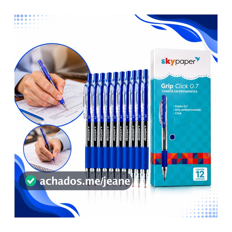 Kit 12/24 Canetas Esferográfica Click Com Grip Emborrachado Azul Material de Escritório Escolar Ponta 0.7