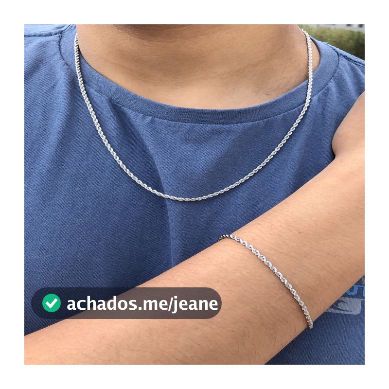 Corrente Cordão Baiano Prata 2mm Fina + Pulseira + Saquinho de Veludo para Presente