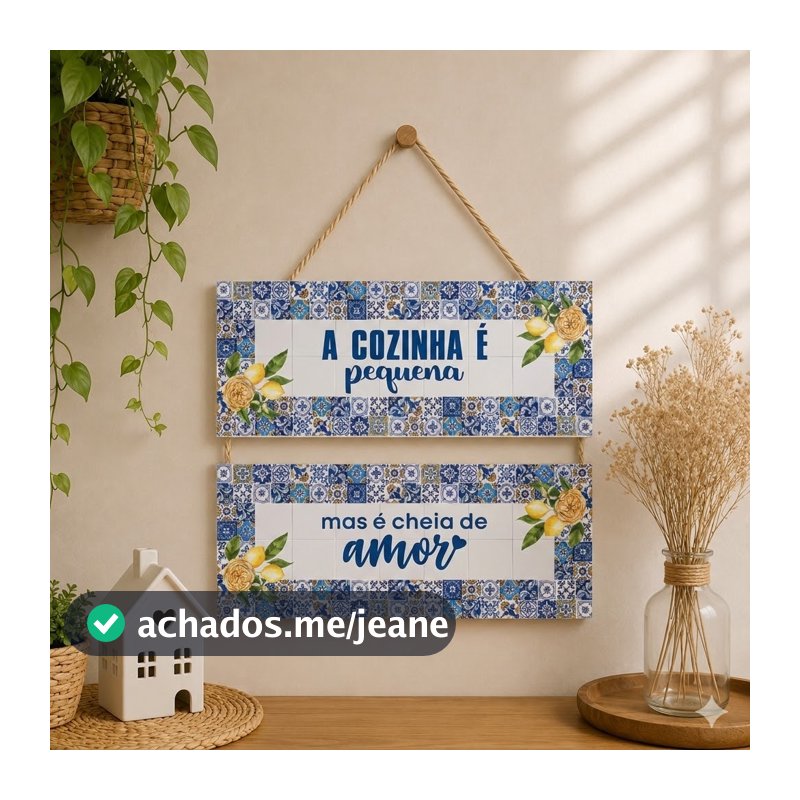 Placa Decorativa MDF com Corda Sisal Cozinha Pequena Cheia de Amor Decoração Cozinha Casa