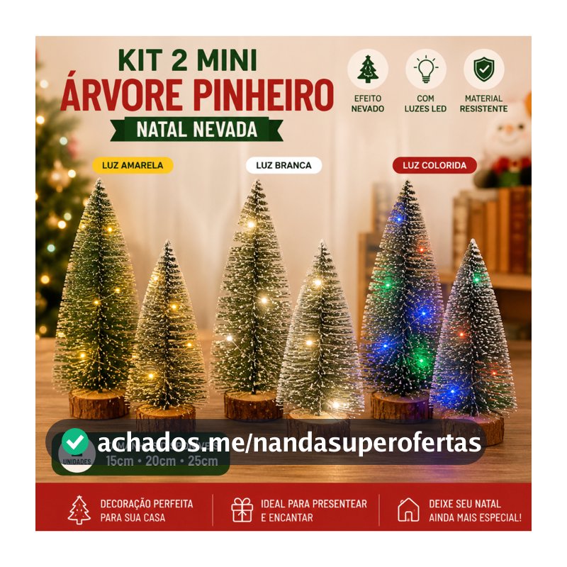 kit 2 Mini Arvore Pinheiro 15cm-20cm25cm Natal Nevada Lembrancinha Festa Natalina com Led Decoração Mesa empresa