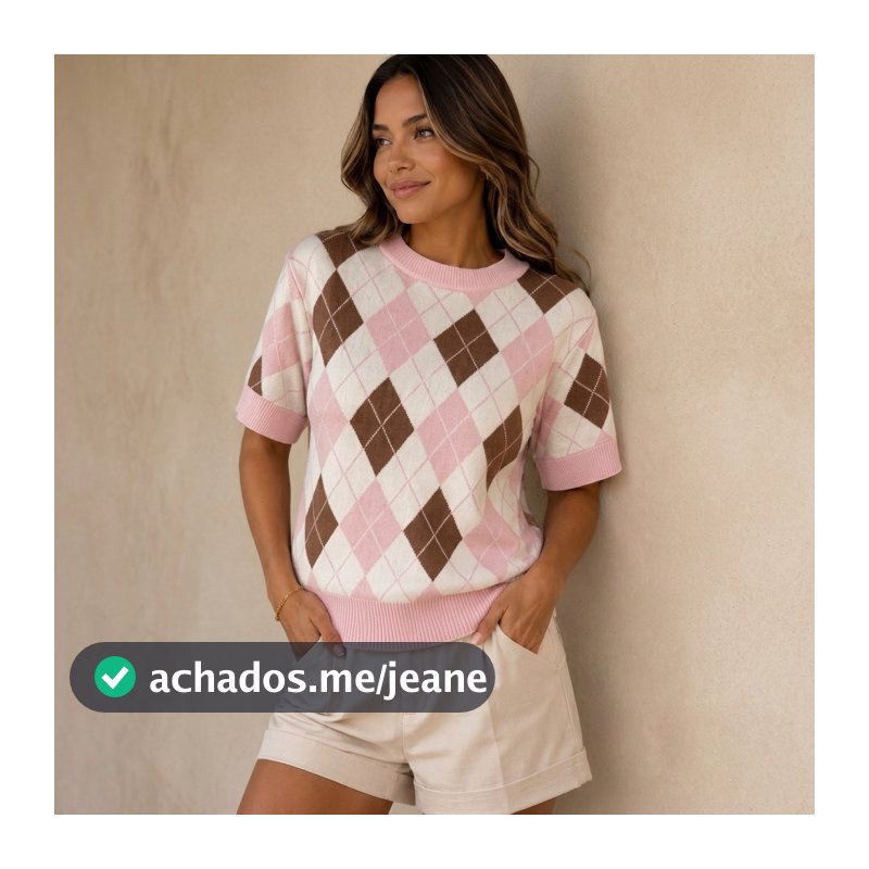 Blusa Feminina Manga Curta Modal Tricot Estampa Escocesa