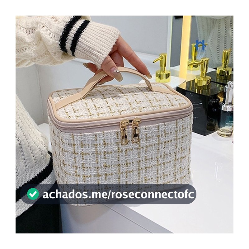 Bolsa Necessaire Tweed Feminina para Maquiagem com Zíper Para Viagem, Mochila, Alça em Courinho HH