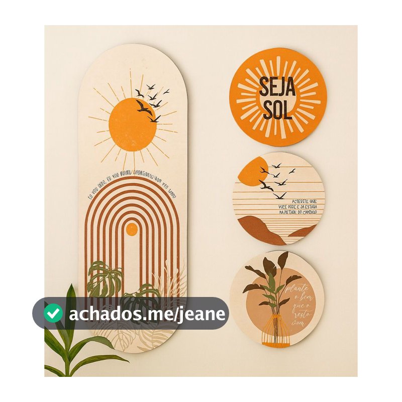 Kit 4 Placas MDF Boho Minimalista Decorativas Sala Quarto Escritório Sol Pássaro Folhagem Terracota