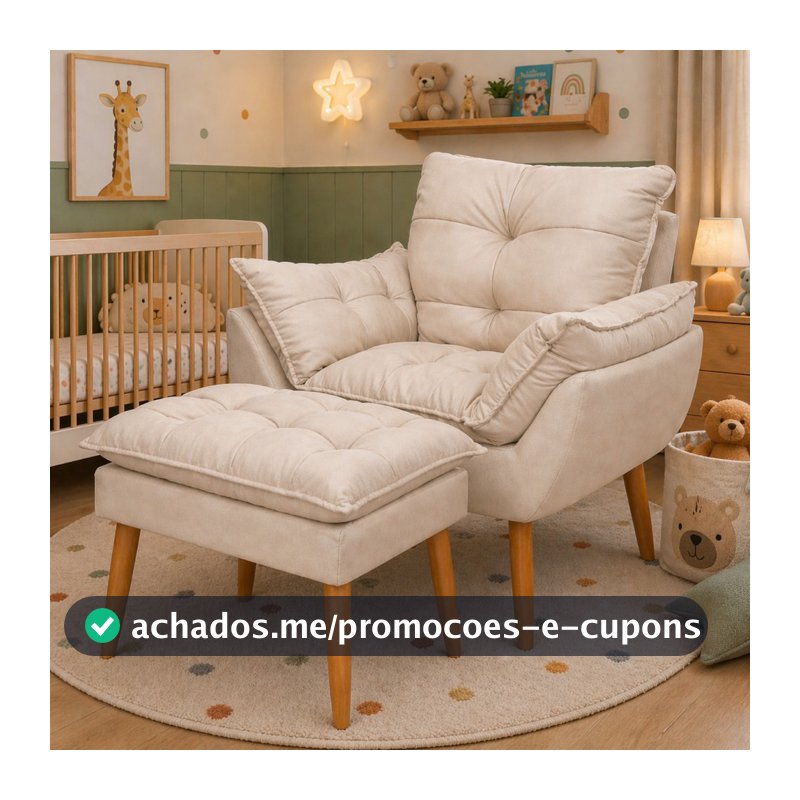 Kit Poltrona e Puff Bege Suede Decorativo Amamentação Pés Palito Fibra de Silicone - Sentta Furniture