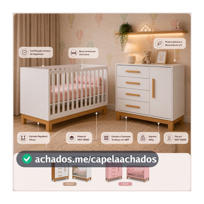 Quarto Bebe Infantil Q Encanto Berço Vira Cama e Comoda Sapateira 1 Porta 4 Gavetas Slim Qmovi