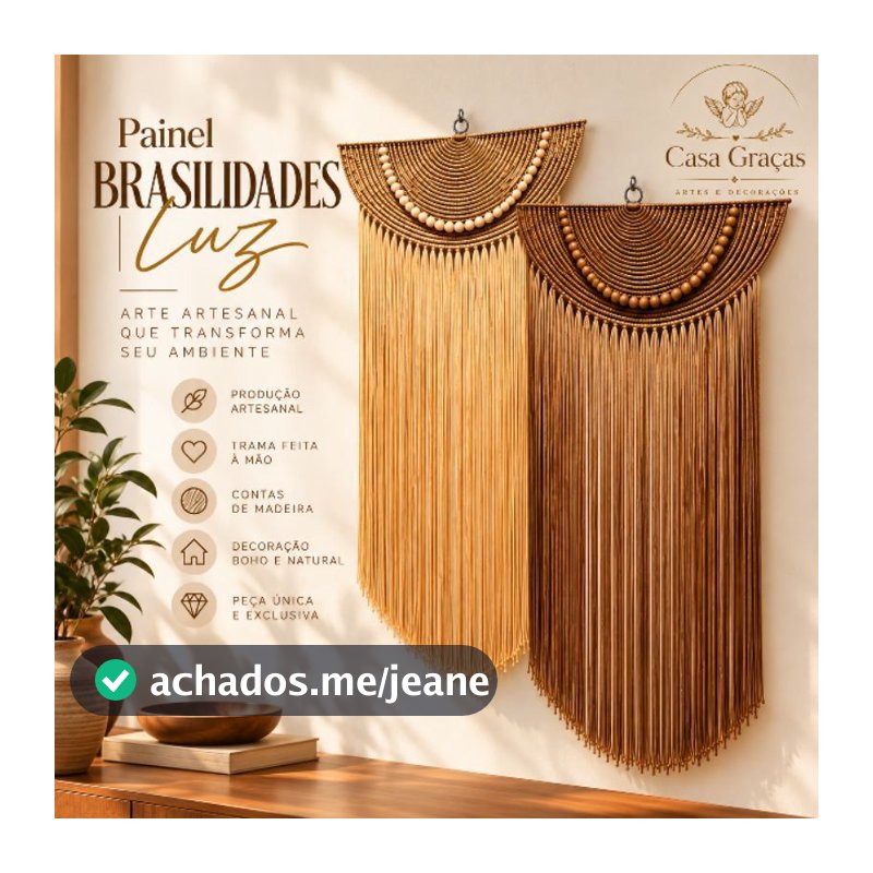 Painel Brasilidade Luz, Painel em Macramê,  Artesanal Boho Dourado e Bronze com Contas de Madeira, Decoração Boho