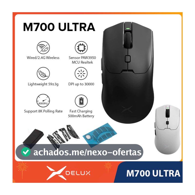 DELUX M700 ULTRA PAW3950 30000DPI 8000Hz 50G ACC Mouse Para Jogos Sem Fio Programável 59g Leve Com PC Gamer