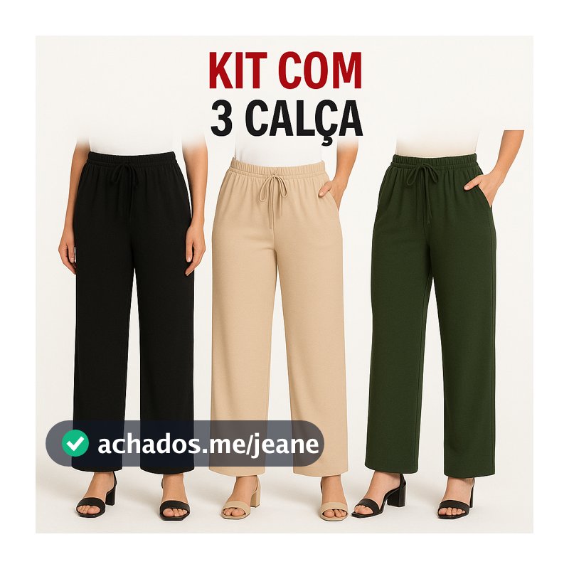 Kit 3 Calças Pantalonas Femininas Cintura Alta Tecido Duna Elegante