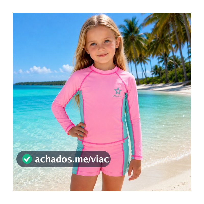 Conjunto Infantil Praia UV Manga Longa Liso Rosa Roxo Verde Menina Feminino Roupa Piscina Proteção Solar 4 a 12 Anos