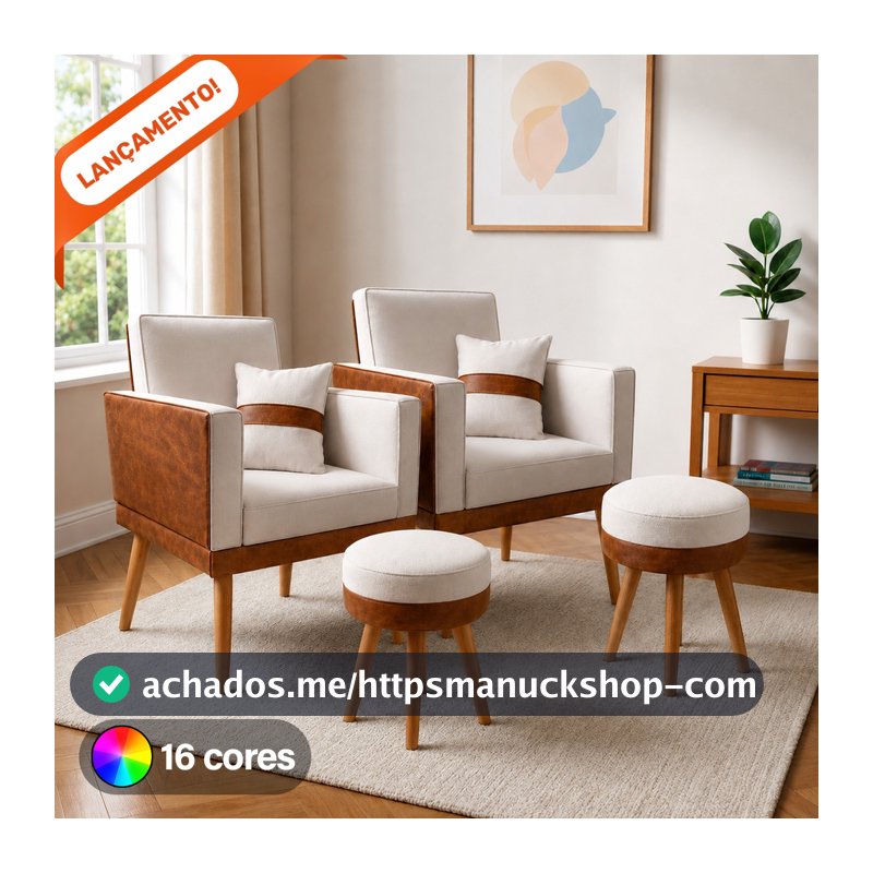 Kit 2 Poltrona Para Sala Decorativa Lis Almofada 2 Puff Redondo Corino Suede