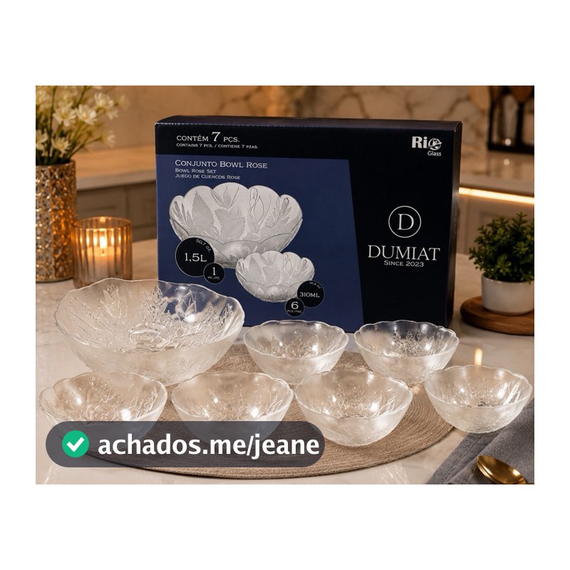 Kit Bowl de Vidro 7 Peças Conjunto de Saladeira Grande + 6 Bowls de Sobremesa Salada Frutas Rio Glass Dumiat